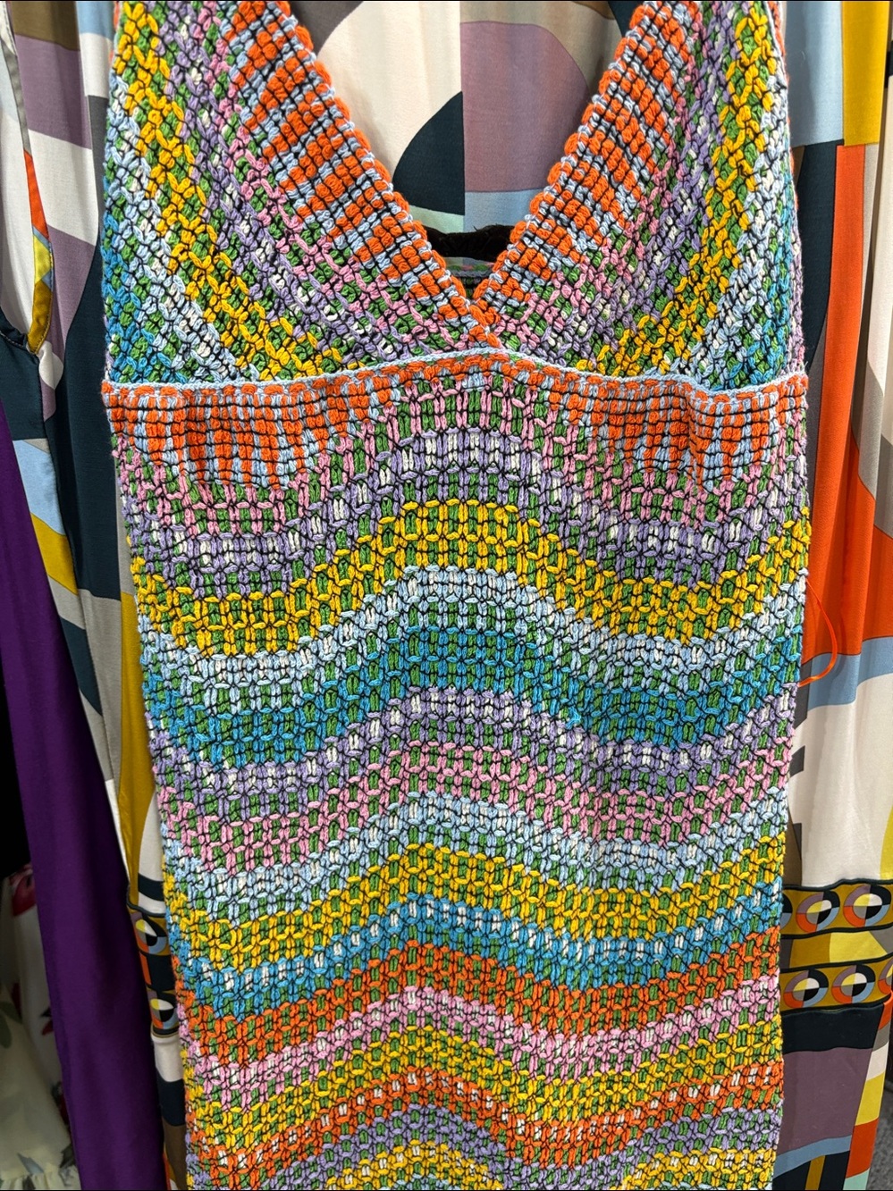 Multicolor Crochet Knit Halter Dress - Vibrant Wave Stripe
